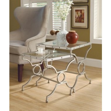 Monarch Specialties Satin Silver 2pcs Nesting Table Set With Tempered