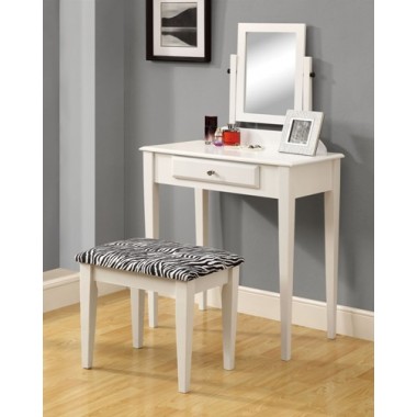 Monarch Specialties White 2pcs Vanity Set With A Zebra Fabric Stool Hover
