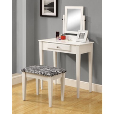 Monarch Specialties White 2pcs Vanity Set With A Zebra Fabric Stool