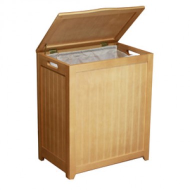 Natural Finished Rectangular Laundry Wood Hamper - Lid Opened