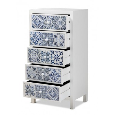 Baxton Studio Alma White Wood Blue Floral Tile 5 Drawers Accent Chest Hover