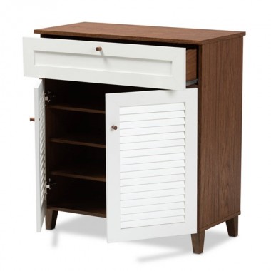 Baxton Studio Coolidge White Walnut 4 Shelf Shoe Storage Cabinet with Drawer Hover