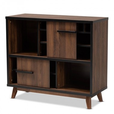 Baxton Studio Margo Walnut Brown Black Wood Wine Storage Cabinet Hover