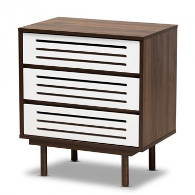 Baxton Studio Meike Walnut White 3 Drawers Nightstand
