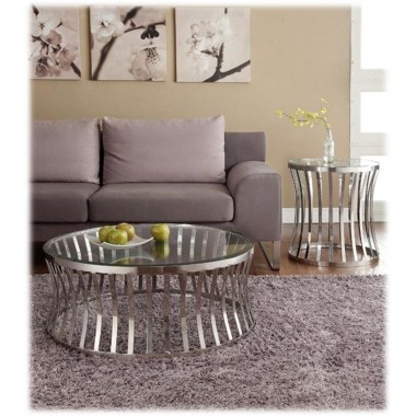 Diamond Sofa Capri Round Stainless Steel Cocktail Table w/ Clear Tempered Glass Top 