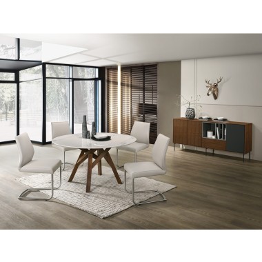 Casabianca FLAIR Dining Table In White Marbled With Walnut Wood Veneer Base Hover