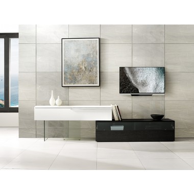 Casabianca AIR Entertainment Center In High Gloss White Lacquer And Dark Gray Oak Veneer With Clear Glass Legs - Lifestyle 2