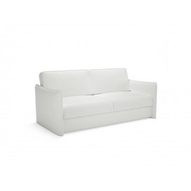 Benz Queen Size Sofa Bed In White Top Grain Leather With Chromed Feet - Angled