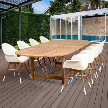  Amazonia Charlotte 9 Piece Teak Double Extendable Rectangular Patio Dining Set - Lifestyle