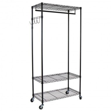 Garment Rack with Adjustable Shelves with Hooks - Black - Angled