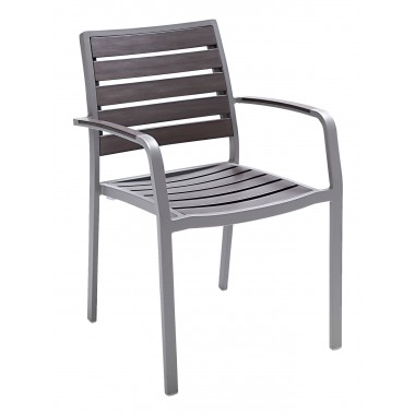 Aluminum Arm Chair W/ Faux Teak Back and Seat - Gray