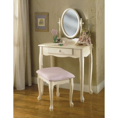 Powell Off-White Vanity with Mirror & Bench Set