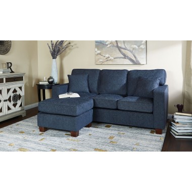 Russell Sectional in Navy fabric with 2 Pillows and Coffee Finished Legs