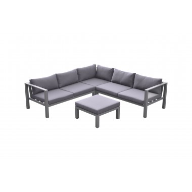 Cliff Outdoor Patio Aluminum Sectional in Grey Powder Coated Finish with Grey Fabric Cushions - Front with White BG