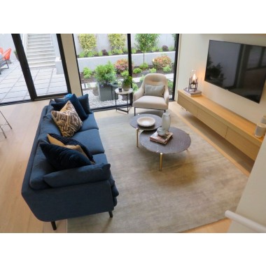 Deklan 3 Seater Sofa Blue Fabric with Black Wooden Legs - Lifestyle