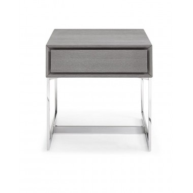 Whiteline Modern Living Skylar Side Table Gray Oak Veneer/High Gloss White With One Drawer And Polished Stainless Steel Legs Hover