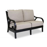 Monterey Wicker Loveseat With Cushions In Frequency Sand With Canvas Walnut Welt