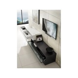 Casabianca AIR Entertainment Center In High Gloss White Lacquer And Dark Gray Oak Veneer With Clear Glass Legs - Angled Lifestyle