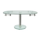 THAO Dining Table In Clear Glass With Polished Stainless Steel Base - Front Extended