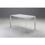 Ghost Extending Dining Table White Glass with Polished Stainless Steel - Side Angled