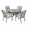 Barcelona Cast Aluminum Dining Set With 48" Round Dining Table With Umbrella Hole and 4 Stackable Dining Arm Chairs with Cushions - White BG