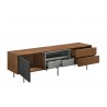 Casabianca CALICO Entertainment Center In Walnut Wood Veneer With Gray Matte Painted Accents - Angled with Drawers Opened - Casabianca CALICO Entertainment Center In Walnut Wood Veneer With Gray Matte Painted Accents - Angled with Drawers Opened
