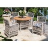 Mackinac 48" Round Teak Top Umbrella Dining Table in Putty - Lifestyle